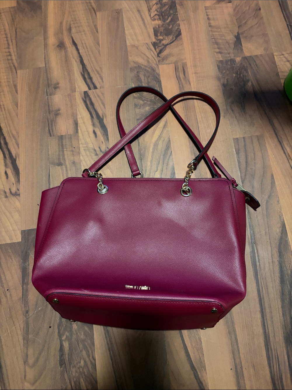 Calvin Klein Wine Red Shoulder Tote with Gold Accents
